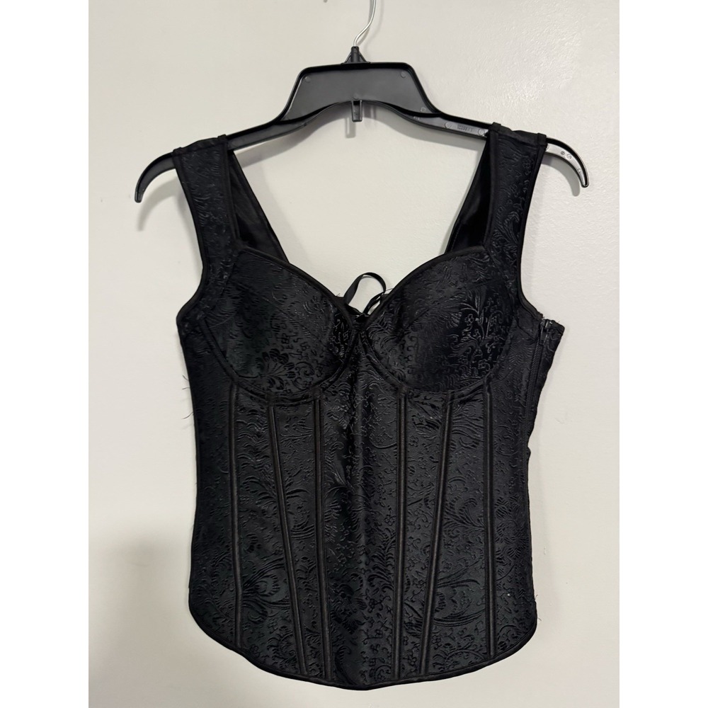 KIMRING Black Brocade Lace-Up Boned Underwire Corset Top size L Gothic